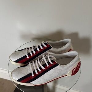 Gucci White Sneakers with Red and Blue Stripes